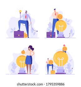 Business people investing money in big idea. Sponsorship for the project. Set of startup, sponsoring, crowdfunding. Vector illustration for UI, web banner, mobile app