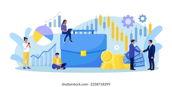 Business people with investor portfolio. Briefcase with money stacks, pie chart, graph. Financial literacy, investment. Businessmen invests in stocks and bonds. Stock market trading strategy