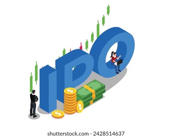 Geschäftsleute mit IPO Initial Public Offering 3D isometrische Vektor-Illustration