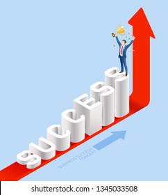 Business people isometric concept design. Winner Business man have golden medal standing on "success" text.