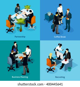 Business people isometric icon set with white-collar workers on negotiation and during normal business hours vector illustration