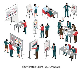 Business people isometric icons set of meeting lecture discussion presentation participants isolated vector illustration