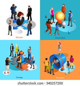 Business people isometric icons set with decision search ideas strategy and promotion symbols isolated vector illustration 