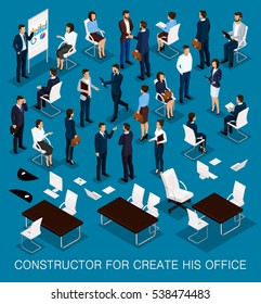 Business people isometric kit for creating your office with the men and women in corporate attire isolated on a dark blue background vector illustration.