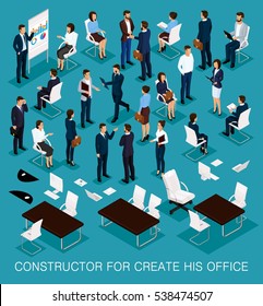 Business people isometric kit for creating your office with the men and women in corporate attire isolated on a blue background vector illustration.