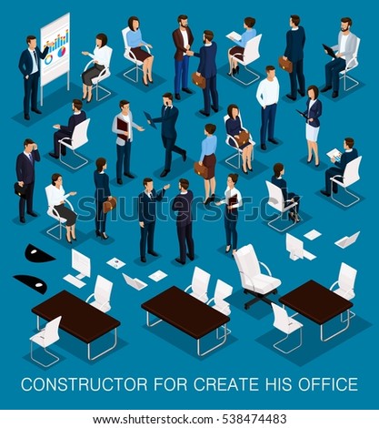 Business people isometric kit for creating your office with the men and women in corporate attire isolated on a dark blue background vector illustration.
