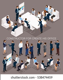 Business people isometric set to create his illustrations of the meeting and brainstorming with men and women in corporate attire isolated on a dark background.