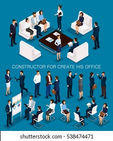 Business people isometric set to create his illustrations meeting with men and women in corporate attire isolated on a dark background vector illustration.