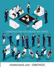 Business people isometric set to create his illustrations meeting with men and women in corporate attire isolated on a blue background vector illustration.