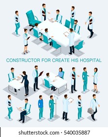 Business people isometric set to create his illustrations consultation in the hospital, doctors, nurses, surgeons 3D medical staff isolated on a light background.