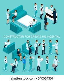 Business people isometric set to create his illustrations, hospitals, doctors, patients, reception, Nurse 3D medical staff isolated on a blue background.