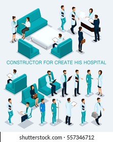 Business people isometric set to create his illustrations, hospitals, doctors, patients, reception, Nurse 3D medical staff isolated on a light background.