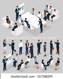 Business people isometric set to create his illustrations of the meeting and brainstorming with men and women in corporate attire isolated on a gray background.