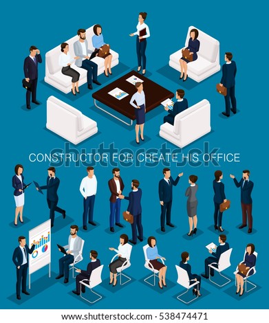 Business people isometric set to create his illustrations meeting with men and women in corporate attire isolated on a dark background vector illustration.