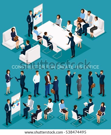 Business people isometric set to create his illustrations of the meeting and brainstorming with men and women in corporate attire isolated on a blue background.