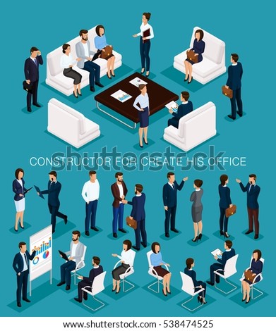 Business people isometric set to create his illustrations meeting with men and women in corporate attire isolated on a blue background vector illustration.