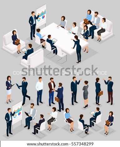 Business people isometric set to create his illustrations of the meeting and brainstorming with men and women in corporate attire isolated on a gray background.