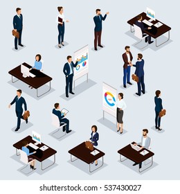 Business People Isometric Set Of Men And Women In The Office Business Suits Isolated On A Gray Background. Vector Illustration.