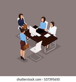 Business people isometric set of women, dialogue, brainstorming in the office isolated on dark background vector illustration.