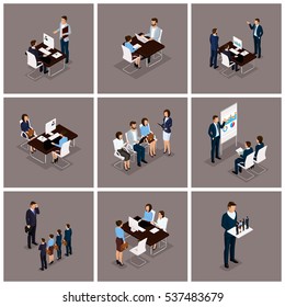 Business People Isometric Set Of Women And Men In A Set Of 3D Business Concept Isolated On A Dark Background.