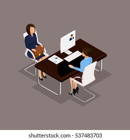 Business People Isometric Set Of Women In Corporate Attire Selection Of Candidates, Interview Isolated On A Dark Background.