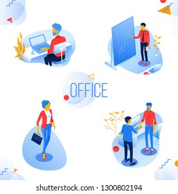 Business people Isometric vector illustration set of men and women in the office situations. Can use for web banner, infographics, presentation, hero images.  Manager, programmer, developer.