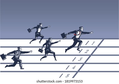 Business People Join Running Race in Athletic Lane. Concept Illustration of Competition Among Businessman and Business Woman to be the Champions