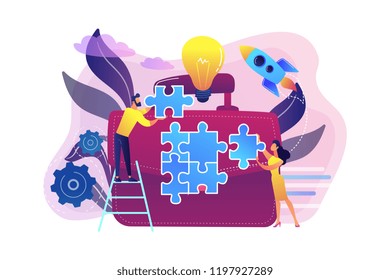 Business people joining puzzle pieces and huge briefcase with bulb. Business meeting and partnership, make a deal concept on white background. Bright vibrant violet vector isolated illustration