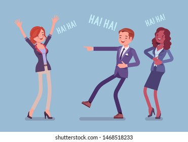 Business people joking, laughing. Businessman and businesswomen being in a good mood, enjoy funny office story or trick, employee humour for amusement at work, Vector flat style cartoon illustration