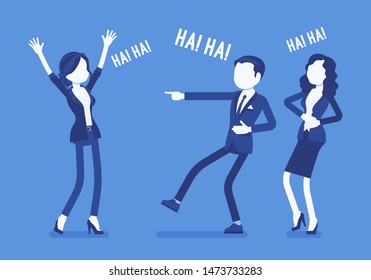 Business people joking, laughing. Businessman and businesswomen being in a good mood, enjoy funny office story or trick, employee humour for amusement at work. Vector illustration, faceless characters