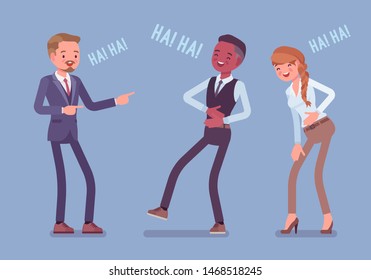 Business people joking, laughing. Businessmen and businesswoman being in a good mood, enjoy funny office story or trick, employee humour for amusement at work, Vector flat style cartoon illustration