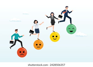 Business people jump from anxiety to delight smiling face emoticon, employee happiness, wellbeing or positive attitude, emotional intelligence to improve success, joyful work or optimistic (Vector)