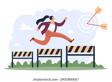 Business people jump hurdle above obstacle competition opportunity challenge concept. Vector flat graphic design illustration