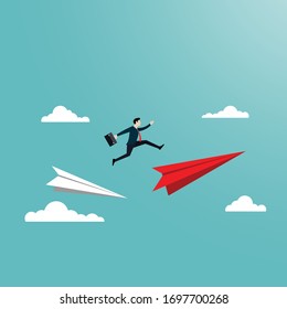 Business people jump over the paper plane. Business symbol, risk, change, level, flat vector illustration