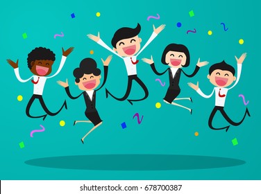 Business people jumping celebrating victory. success business illustration of a flat design