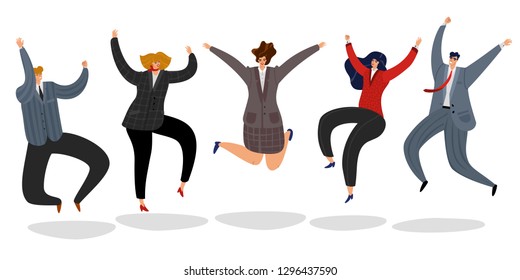 Business people jumping. Excited happy employees jump cartoon motivated team office worker celebrating success winning vector concept