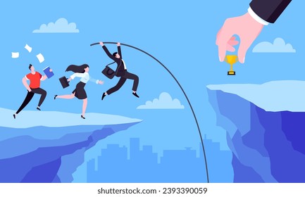 Business people jumps pole vault over abyss flat style design vector illustration business concept. Business growth and goal achievement concept.