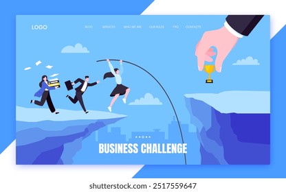 Business people jumps pole vault over abyss flat style design vector illustration business concept. Business growth and goal achievement concept.