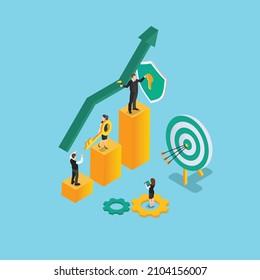 Business people with key to success on growing bar chart isometric 3d vector concept for banner, website, illustration, landing page, flyer, etc.
