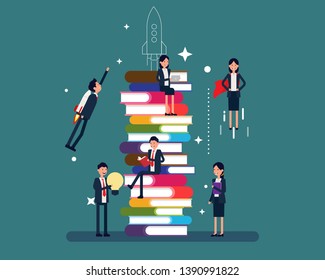 Business people knowledge and education. Vector illustration business education concept, Flat character reading book and tablet 