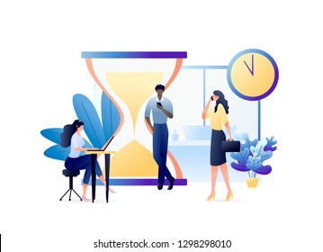 Business People with Laptops and Mobile Phones Hurry up to Complete Tasks with Clock and Hourglass. For web banner, website, flyer, card. Concept Vector Illustration