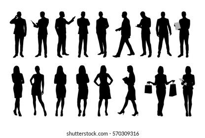 Business people, large set of vector silhouettes of men and women. Workers in suit or clothes