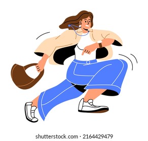 Business people late. Girl with bag hurries to workplace or negotiations. Talented businesswoman, poor time management. Character running, trying to meet deadline. Cartoon flat vector illustration