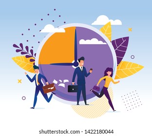 Business People are Late to Work Cartoon Flat Vector Illustration. Race against Time. Man Running and Hurrying up Holding Suitcase with Falling Paper Documents. Big Clock on Background.