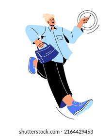 Business people late. Young guy with bag runs to workplace. Poor time management and responsible employee. Panic and deadline pressure, manager or entrepreneur. Cartoon flat vector illustration