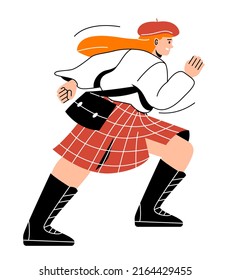 Business people late. Young red haired girl with bag runs near workplace. Poor time management, inefficient and lazy employee. Entrepreneur runs for negotiations. Cartoon flat vector illustration