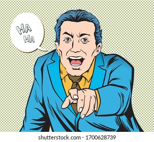 Business people laugh,pointing finger.  Pop art retro hand drawn style vector design illustrations.