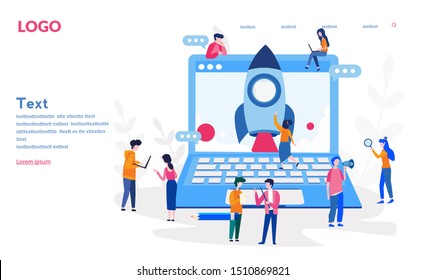 Business people launches rocket into the sky. Business growth. Business or IT startup, start up venture and entrepreneurship concept, vector illustration for web, presentation, banner, infographics.