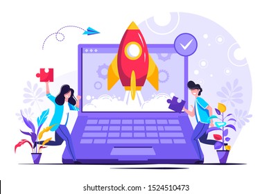 Business people launches rocket into the sky. Business growth. Business or IT startup, start up venture and entrepreneurship concept, vector illustration for web, presentation, banner, infographics.