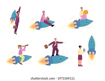 Business people launching and riding on rocket, cartoon vector illustration isolated on white background. Business startup and launching new project metaphor.